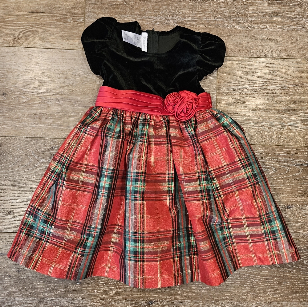 Plaid Dress with Red Sash and Rose